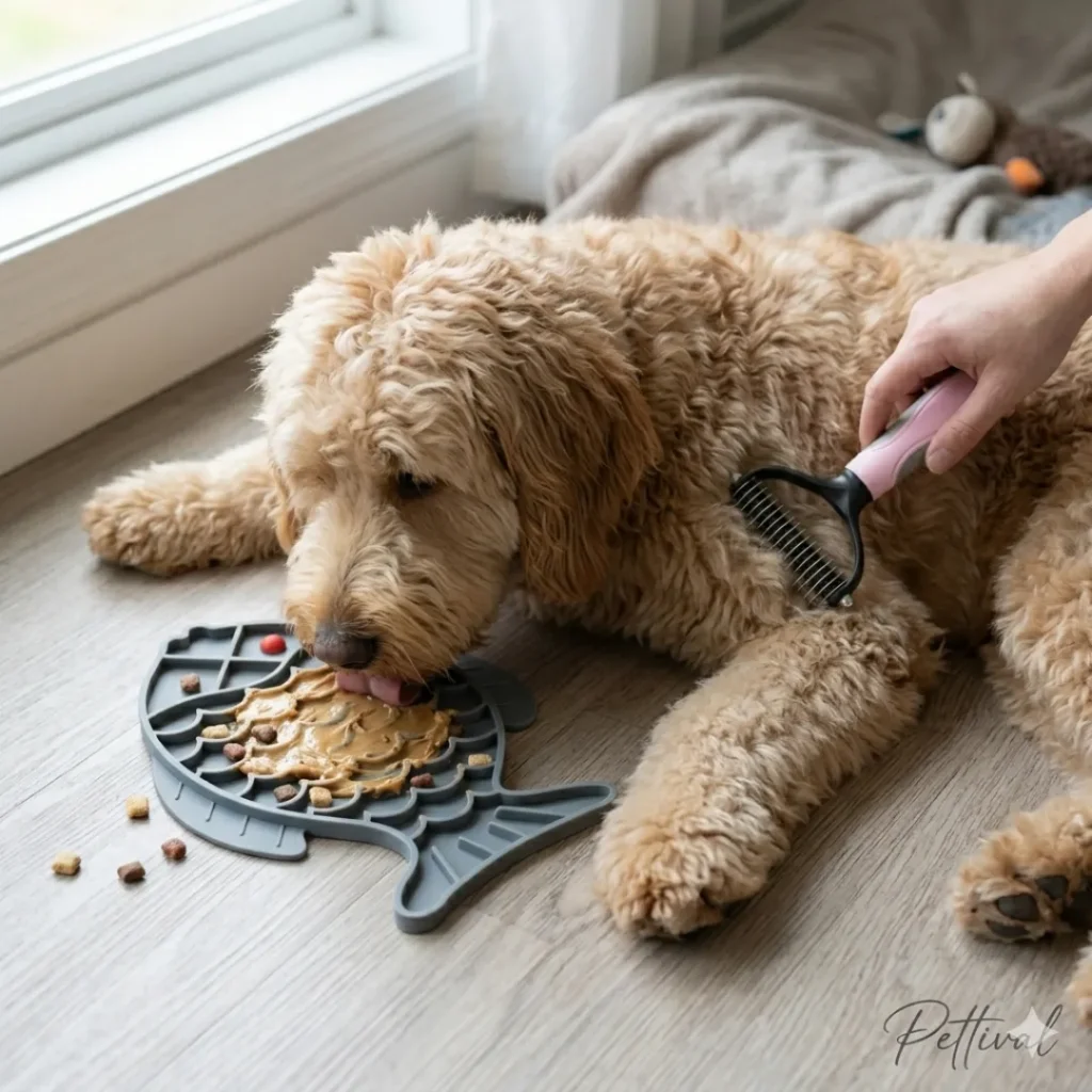 A large Goldendoodle calmly enjoying peanut butter on a Pettival fish lick mat while being groomed with a professional safety-blade undercoat rake.