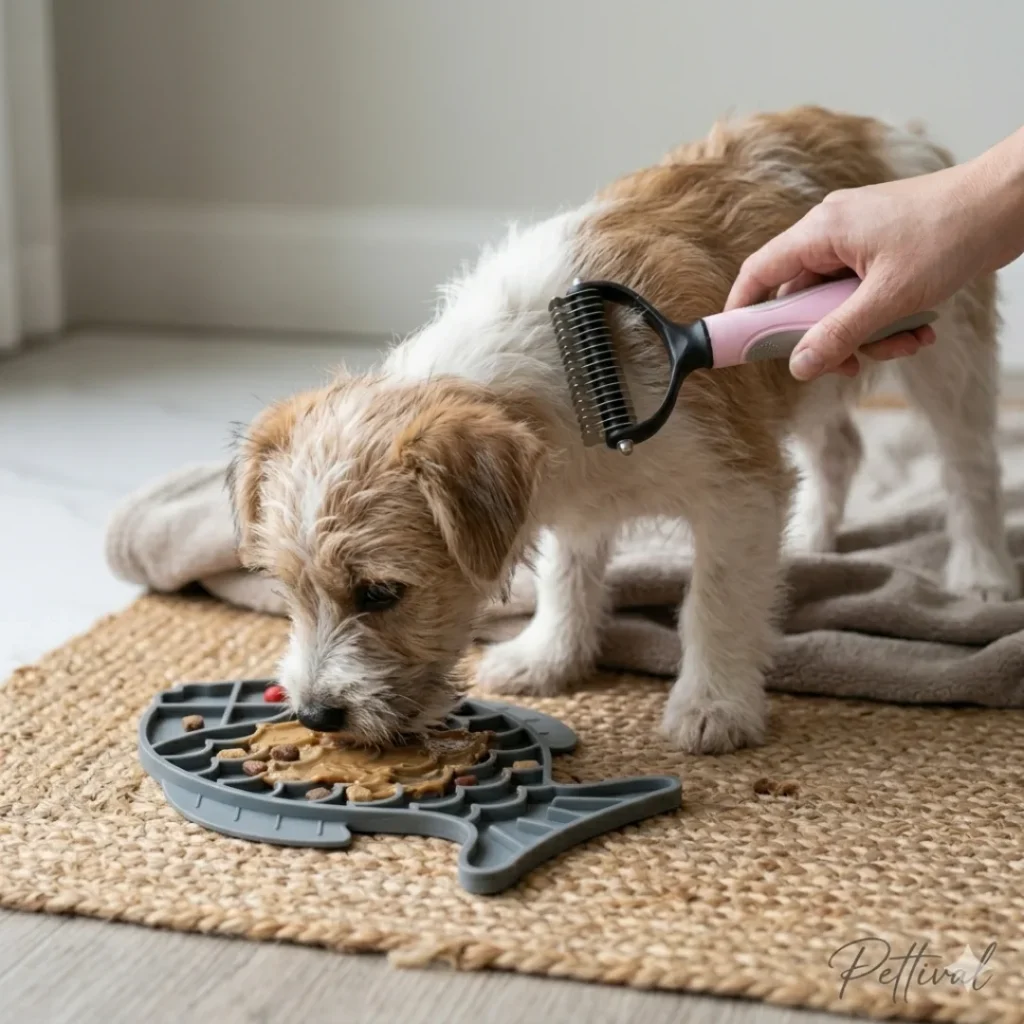 Small dog grooming demonstration using Pettival anxiety-free kit with a pink deshedding rake and grey fish-shaped lick mat.