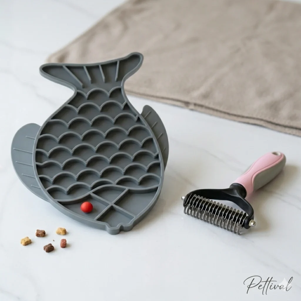 Pettival professional dog grooming kit featuring a pink safety-blade undercoat rake and a large grey fish-shaped silicone lick mat for anxiety-free deshedding.