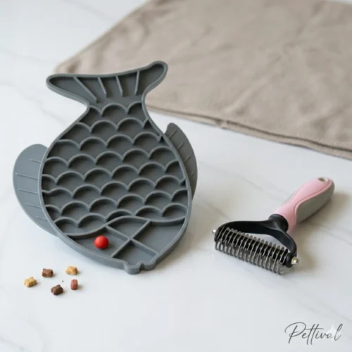 Pettival professional dog grooming kit featuring a pink safety-blade undercoat rake and a large grey fish-shaped silicone lick mat for anxiety-free deshedding.