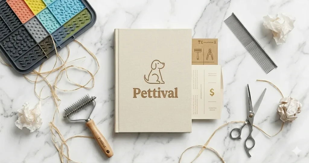 An elegant, minimalist layout of a pet care notebook surrounded by professional grooming tools, representing Pettival's gentle and safe doodle care philosophy.
