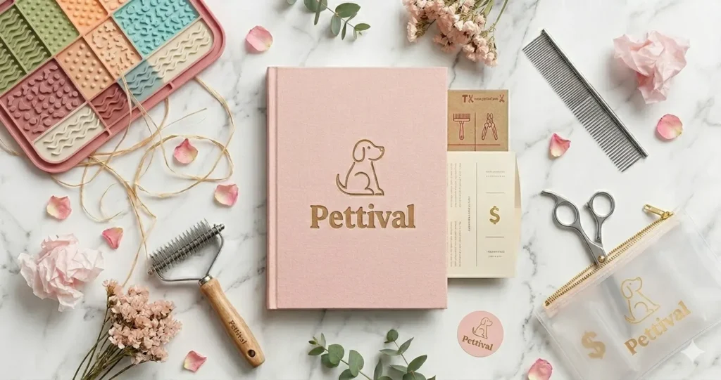 A luxury flatlay featuring a complete set of aesthetic pet styling tools, illustrating the multi-step home salon routine for Goldendoodles.