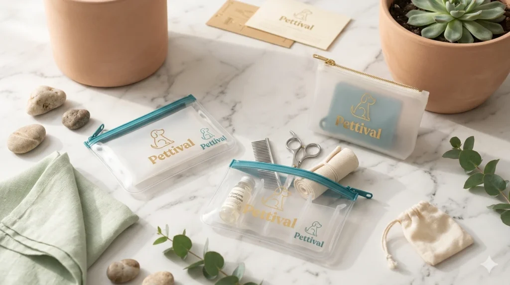 A luxury aesthetic flatlay of premium pet grooming accessories and organic elements, conceptualizing the structural choice of safe tools for double coats.